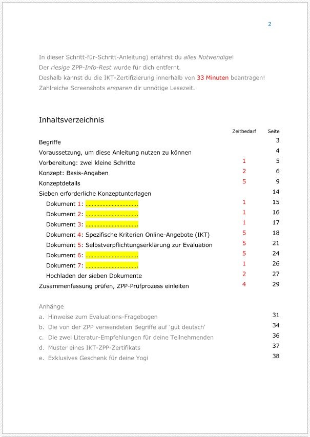 Inhaltsverzeichnis mit Seitenzahlen und Angabe des Zeitbedarfs für die einzelnen Schritte